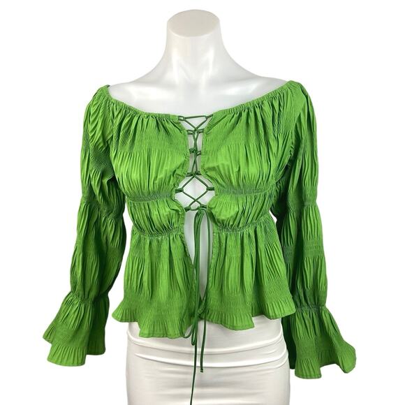 Green Pleated Lace Up Long Sleeve Ruffle Smocked Tiered Peasant Blouse Top L - Picture 1 of 3